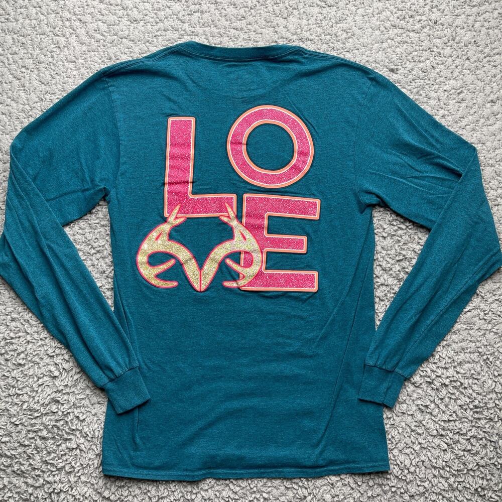 Realtree Shirt Womens Small Blue Love Long Sleeve Deer Rack Hunting Cowgirl